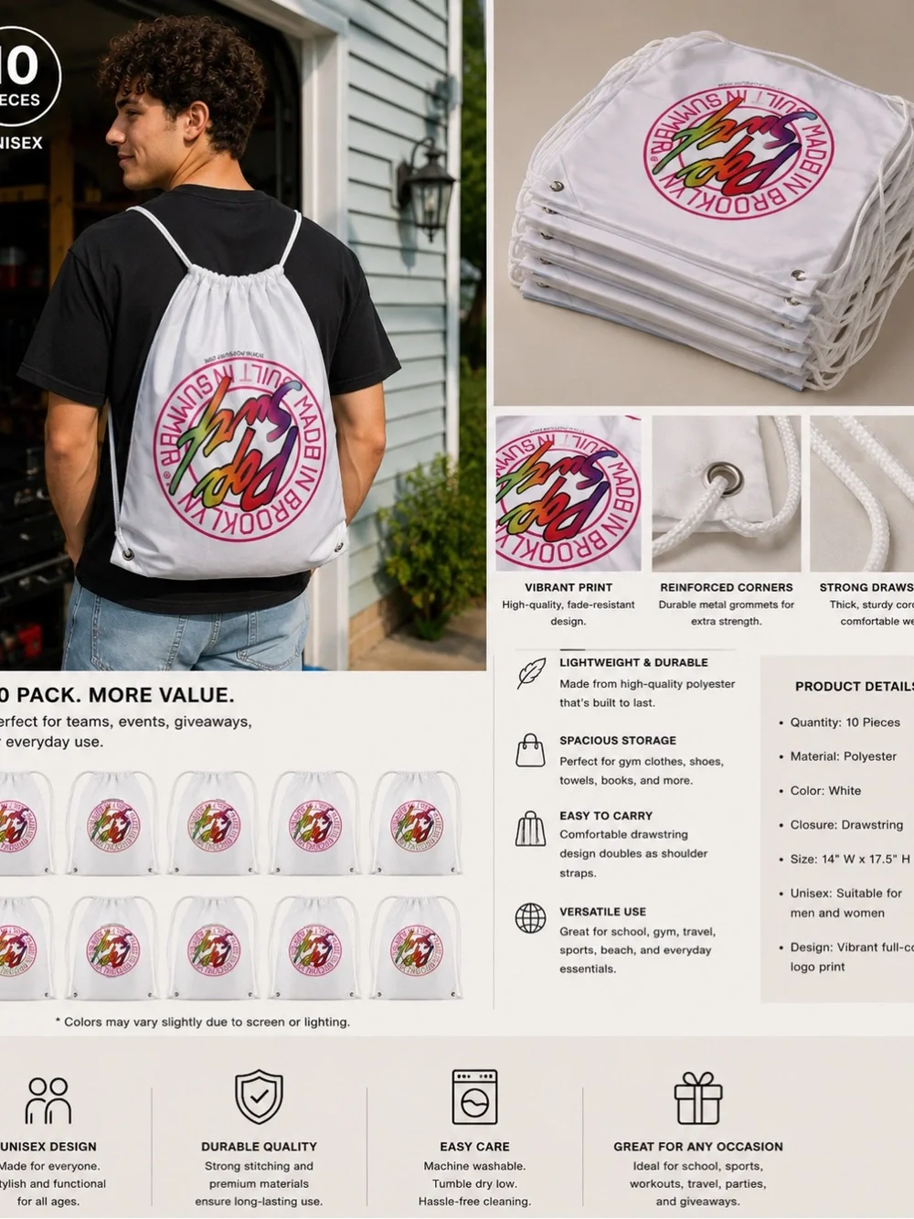 White Drawstring Backpack Bag with Colorful Logo - Pack of 10
